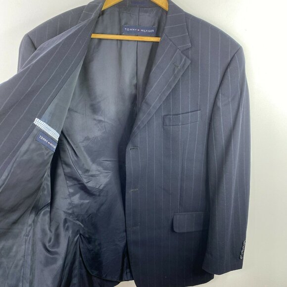 TOMMY HILFIGER Blazer Sport Coat Jacket Mens Size 44R Wool Navy Blue Pinstripe - Picture 3 of 5